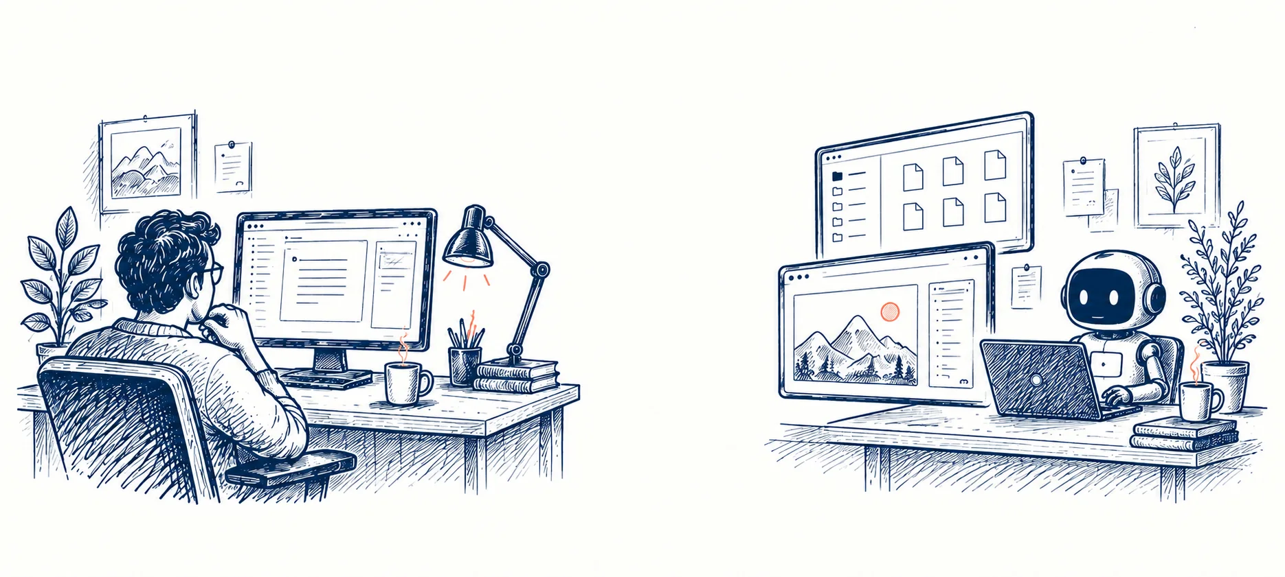 You work at your own desk while an agent uses separate desktop application windows beside it