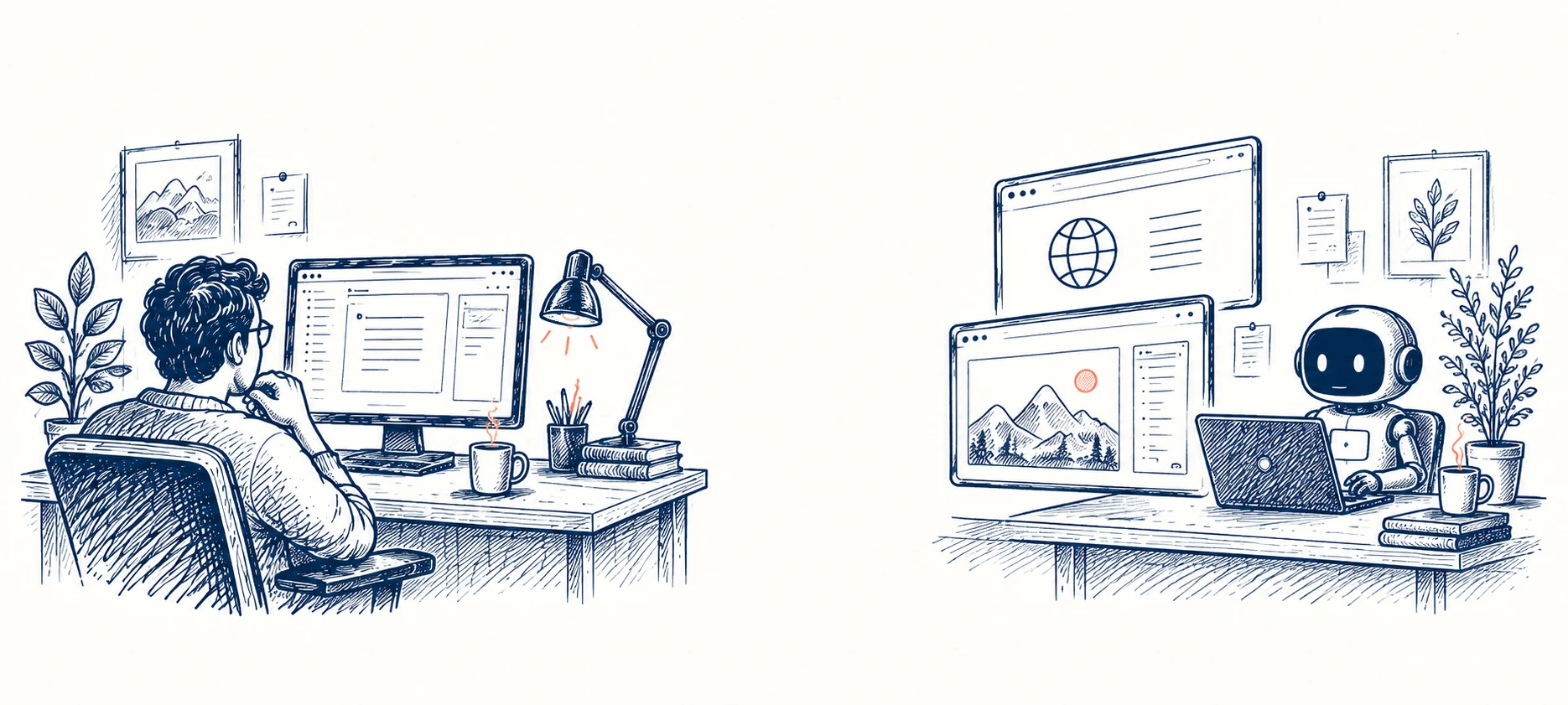 You work at your own desk while an agent uses separate browser and application windows beside it