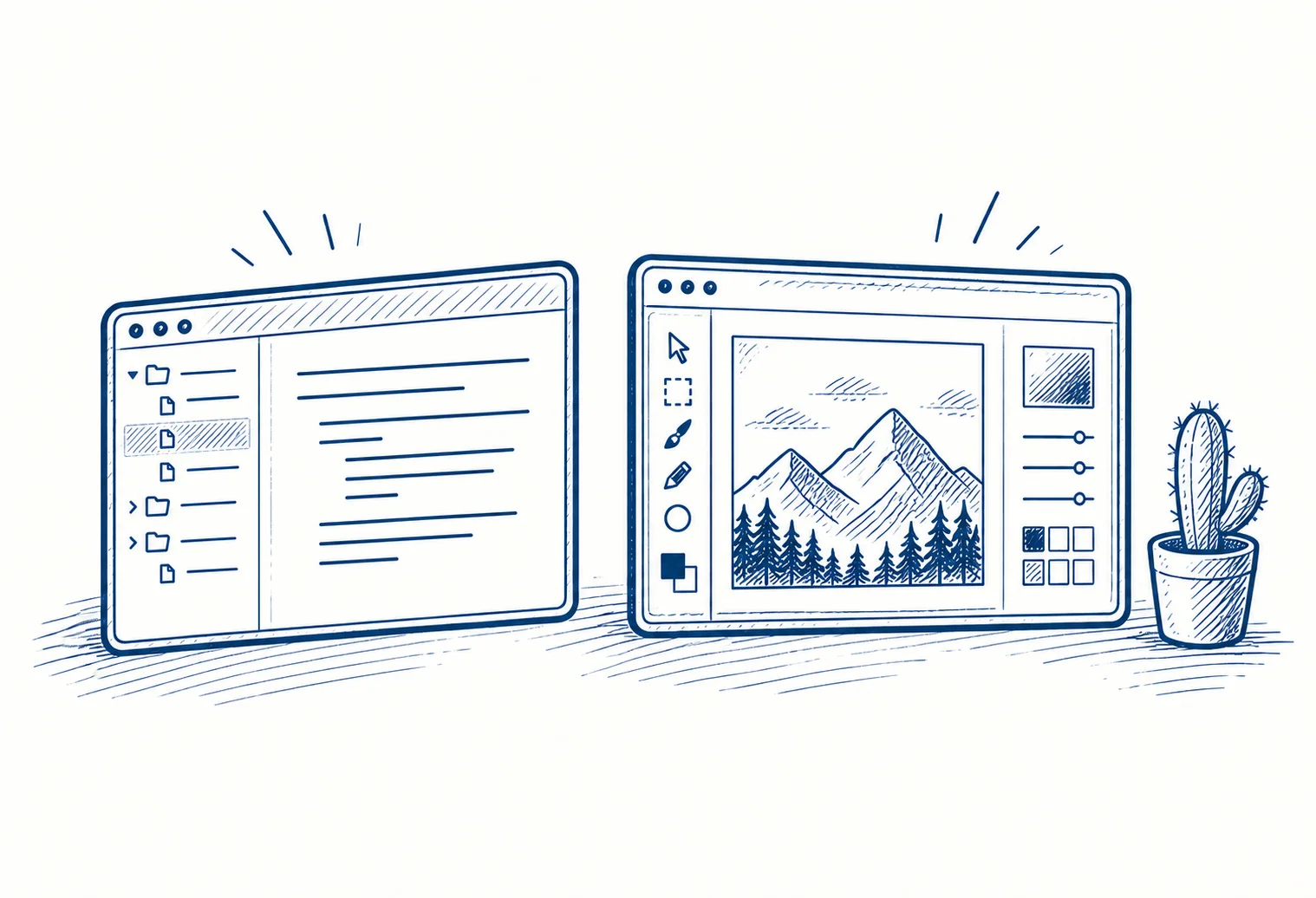 Illustration of a text editor and image editor on a private desktop