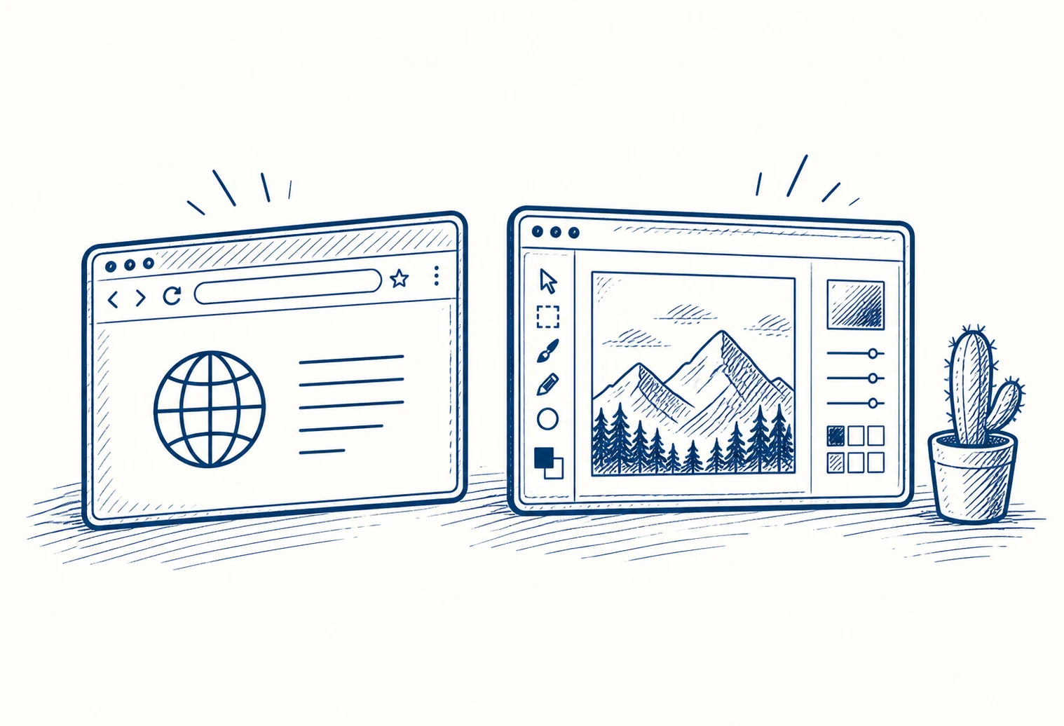 Two hand drawn windows: a private browser and a native application on a private display